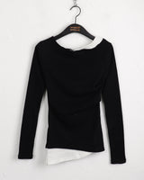 Chiss shirring layered diagonal off-shoulder long sleeve t-shirt