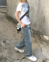 y2k ブルーホワイトローズテイルTシャツ