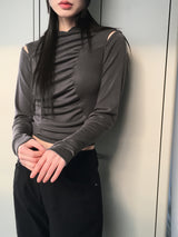 Shaz shirring shoulder slit hooded t-shirt