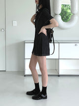 ウェディーンデニムステッチシャツ半袖ミニワンピース / Wadeen Denim Stitch Shirt Short Sleeve Mini One Piece