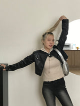 Block crop leather jacket