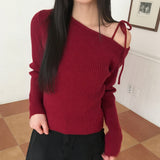 Listy off-shoulder ribbon strap ribbed crop long-sleeved knit