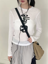 Fain lettering see-through linen long-sleeved T-shirt