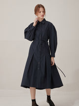 Volume sleeve cotton shirts dress - Navy (6671617523830)