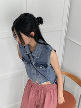 Lamento Denim Collar Pocket Cropped Vest