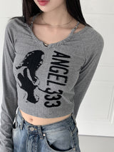 ホックビーズホルタートングプリント長袖Tシャツ / hook beaded halter thong print long sleeve t-shirt