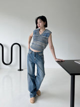 カラーマッチングカットブラッシュデニムパンツ/no.1792 color matching cat brush denim pants