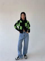 グリーンチェックニットジップアップ/green check knit zip-up