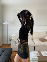 Raon see-through damage corset long sleeve crop knit