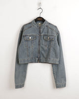 ピバーツノーカラーツーウェイジップクロップドデニムジャケット/ Peeverts no-collar two-way zip cropped denim jacket