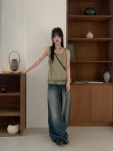 Bupin summer fabric back-banding balloon Vintage washing long wide denim pants