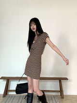ローナビンテージストライプカラー半袖ミニワンピース/ Rona Vintage Stripe Collar Short Sleeve Mini One Piece