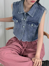 Lamento Denim Collar Pocket Cropped Vest