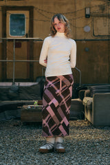 CHECK PATTERN KNIT LONG SKIRT [BROWN]
