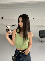 パンチング Uネック ニット カラー クロップド キャミソール/E-el Punching U-neck Knitwear Collar Cropped Sleeveless