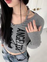 フックルビーズホルターストラッププリント長袖Tシャツ / hook beaded halter thong print long sleeve t-shirt
