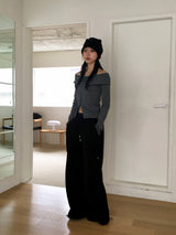 Willin ストライプ ボタン スリット オフショルダー T シャツ