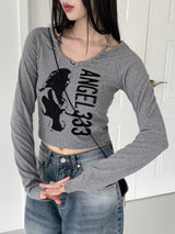 フックルビーズホルターストラッププリント長袖Tシャツ / hook beaded halter thong print long sleeve t-shirt