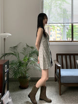 ルーツフラワーシャーリングリボンキャミミニワンピース / Roots Flower Shirring Ribbon Sleeveless Mini One Piece