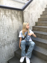 y2k ブルーホワイトローズテイルTシャツ