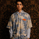 プリントリネンブレンドショートスリーブジャケット/[UNISEX] Printed Linen-Blend Short-Sleeved Jacket (Blue)