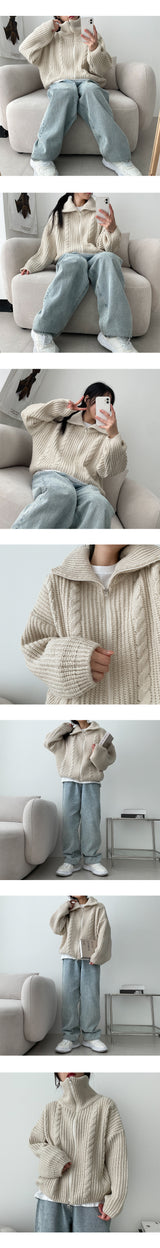 Retodum Two Way High-Neck Twisted Knitted Zip-Up