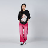 ベイビーフェイスキャットハグガール半袖Tシャツ BLACK
