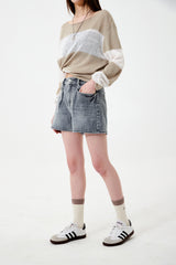 SEE THROUGH BLOCK LONG SLEEVE KNIT [BEIGE]