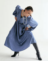 V-NECK CREASE SHIRRING ONEPIECE - CLASSIC BLUE (6635995955318)