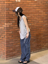 スクエアサイドストリングロングフードノースリーブシャツ / square side string long hooded sleeveless shirt
