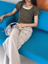 Dear Basic Ribbed Square Neck Short Sleeve T-shirt