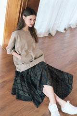 "PRE-ORDER 4/16~"  WOOD-CUT UNBALANCE FLARE SKIRT (Khaki) (6546130501750)