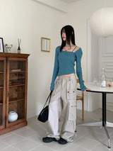ケーズY2Kグレーポケットカーゴコットンパンツ/Keds Y2K Gray Pocket Cargo Cotton Pants