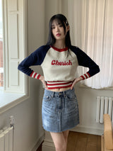 チェリーレタリング配色ナグランニットTシャツ / Cherish Lettering Color Matching Nagrang Knit T-shirt