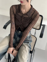 ルーティングウェーブシースルークロップ長袖ブラウス / Rooting wave see-through cropped long-sleeved blouse