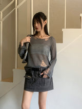Uro see-through damage slim long sleeve knit