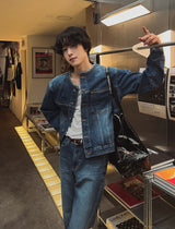 えり無しダメージデニムトラッカージャケット