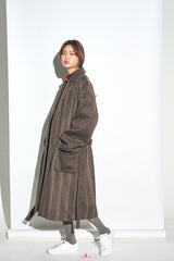STRIPE COMBINATION WOOL ROBE COAT (Brown) / ストライプコンビネーションウールローブコート