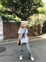 y2k ブルーホワイトローズテイルTシャツ
