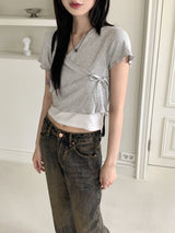 Juri Ruffle Ribbon Wrap Strap Cropped Short Sleeve T-shirt