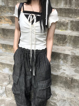 ロマンティックラブリーリボンチョーカーフリルリブドTシャツ