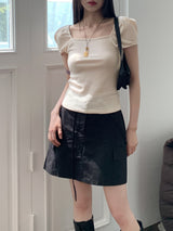 レクトリブドパフスクエアネック半袖Tシャツ / Recto Ribbed Puff Square Neck Short Sleeve T-shirt