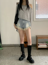リードリネンボートネックビーチウェアクロップド長袖Tシャツ / Reid linen boat neck beach wear cropped long-sleeved T-shirt
