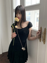 ウィロンシフォンキャップスリーブボタンプリーツフレアミニワンピース / Willon Chiffon Cap Sleeve Button Pleated Flare Mini One Piece
