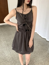 ランコフェスティバルシャーリングプリーツリボンミニワンピース / Lang Co Festival Shirring Pleated Ribbon Mini One Piece