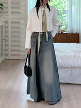 [Scape set] Kenin Shirring Pleated Off-Shoulder Crop Long-Sleeved T-shirt