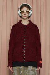 BUTTON ARGYLE KNIT JACKET / WINE