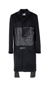 Leather Biker Paneled Wool Coat
