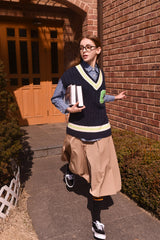 ライトグリーンCパッチvネックニットベストユニセックス / Light Green C Patch V-neck Navy Knitwear Vest