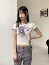 アンサーウサギプリント配色バインディングクロップ半袖Tシャツ/Answer Rabbit Print Color Matching Binding Cropped Short Sleeve T-shirt
